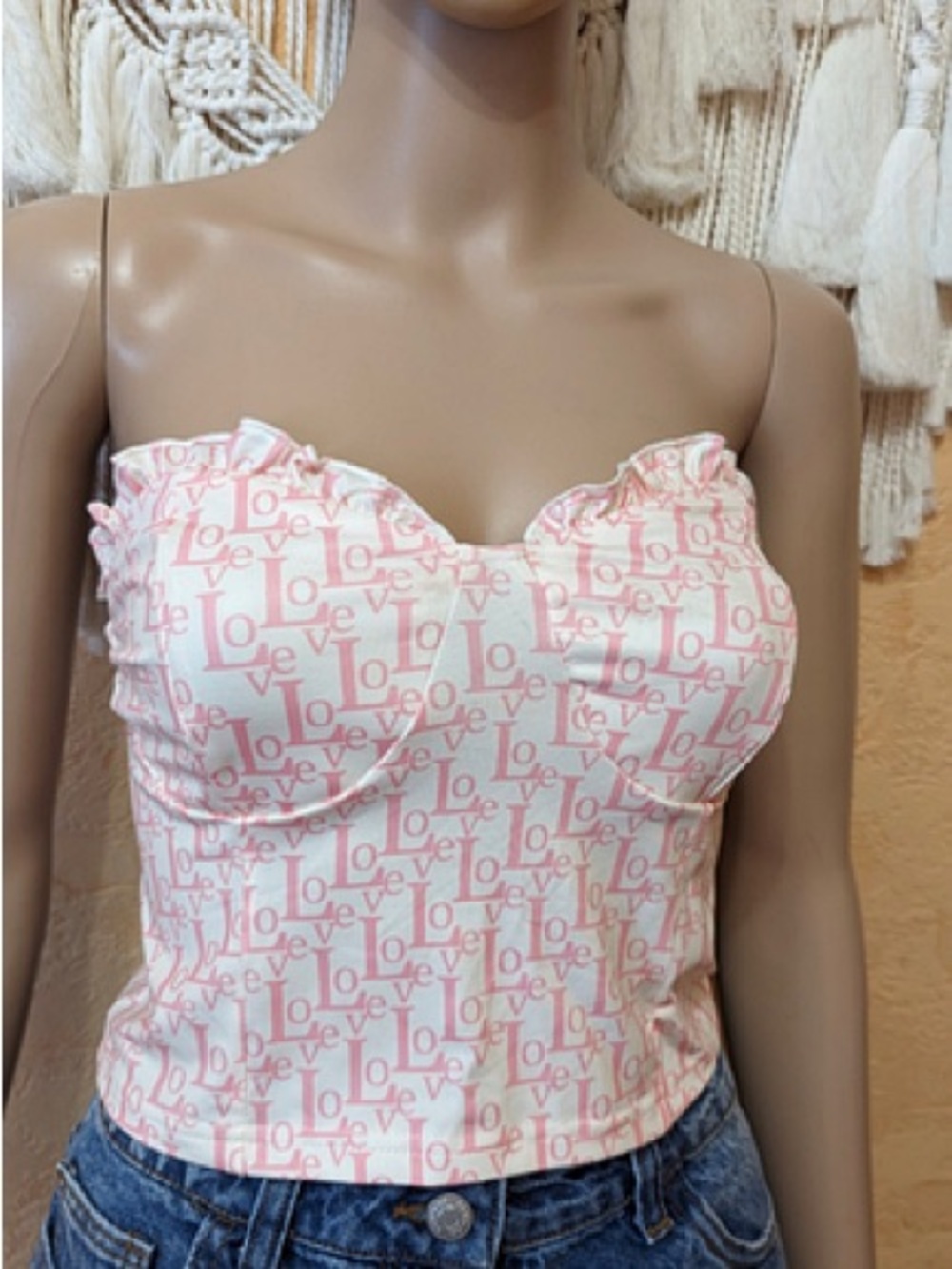 SHEIN Pink and White 'Love' Print Bustier Strapless Top